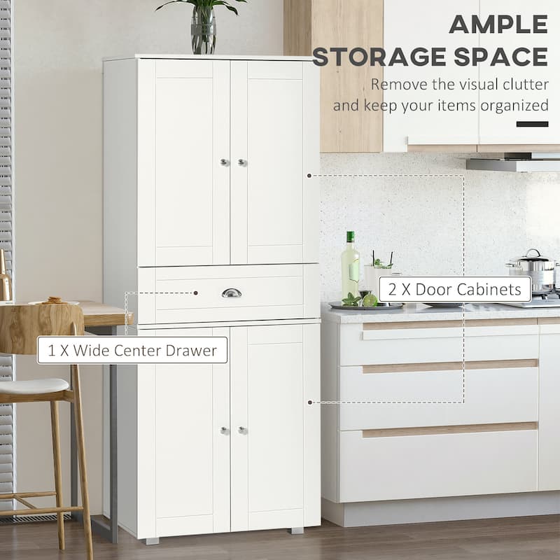 72" Freestanding Kitchen Pantry Cabinet with 2 Large Double Door Cabinets and 1 Center Drawer, White