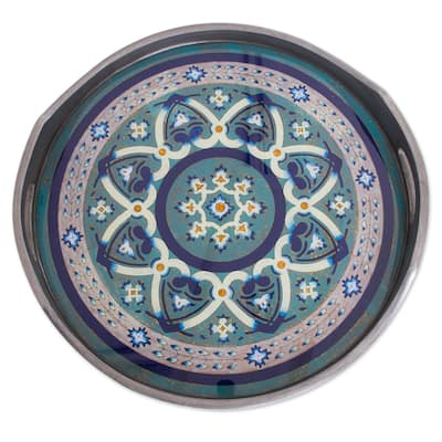NOVICA Handmade Floral Intricacy in Steel Reverse-painted glass tray