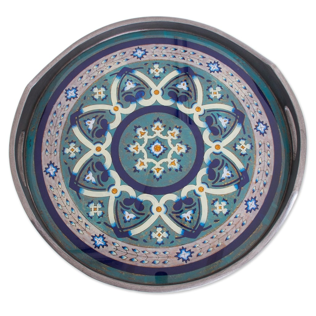 NOVICA Handmade Floral Intricacy in Steel Reverse-painted glass tray