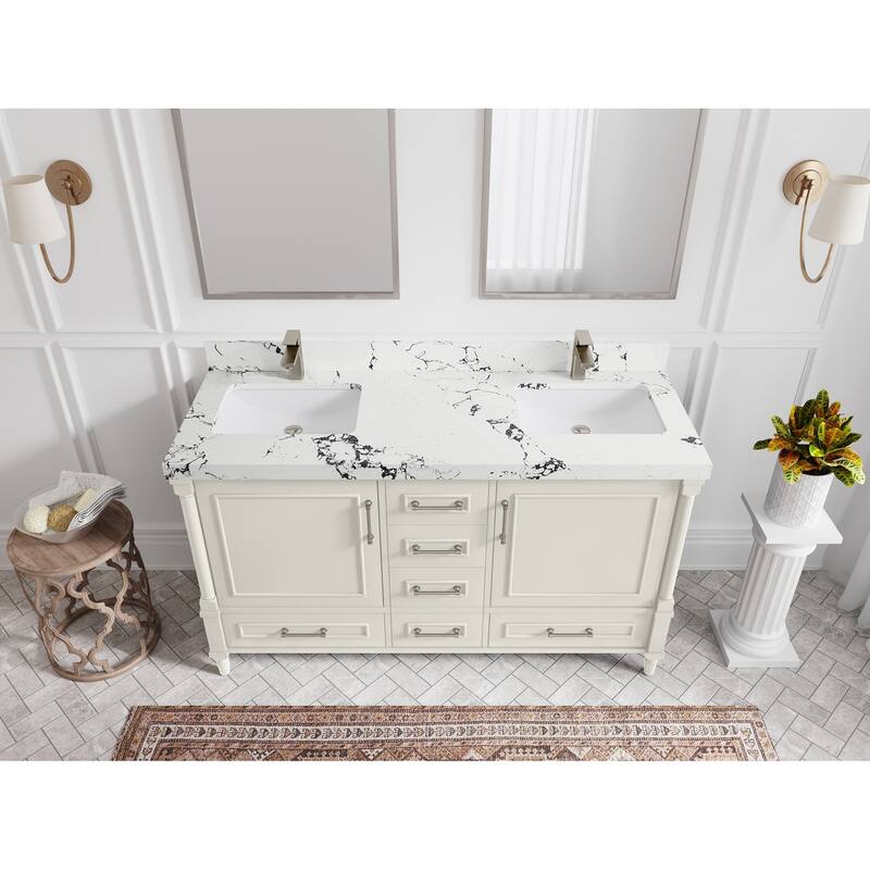 Willow Collections 60 in. W x 22 in. D Aberdeen Double Sink Bathroom Vanity with Countertop - 2" Viola Night - Ivory