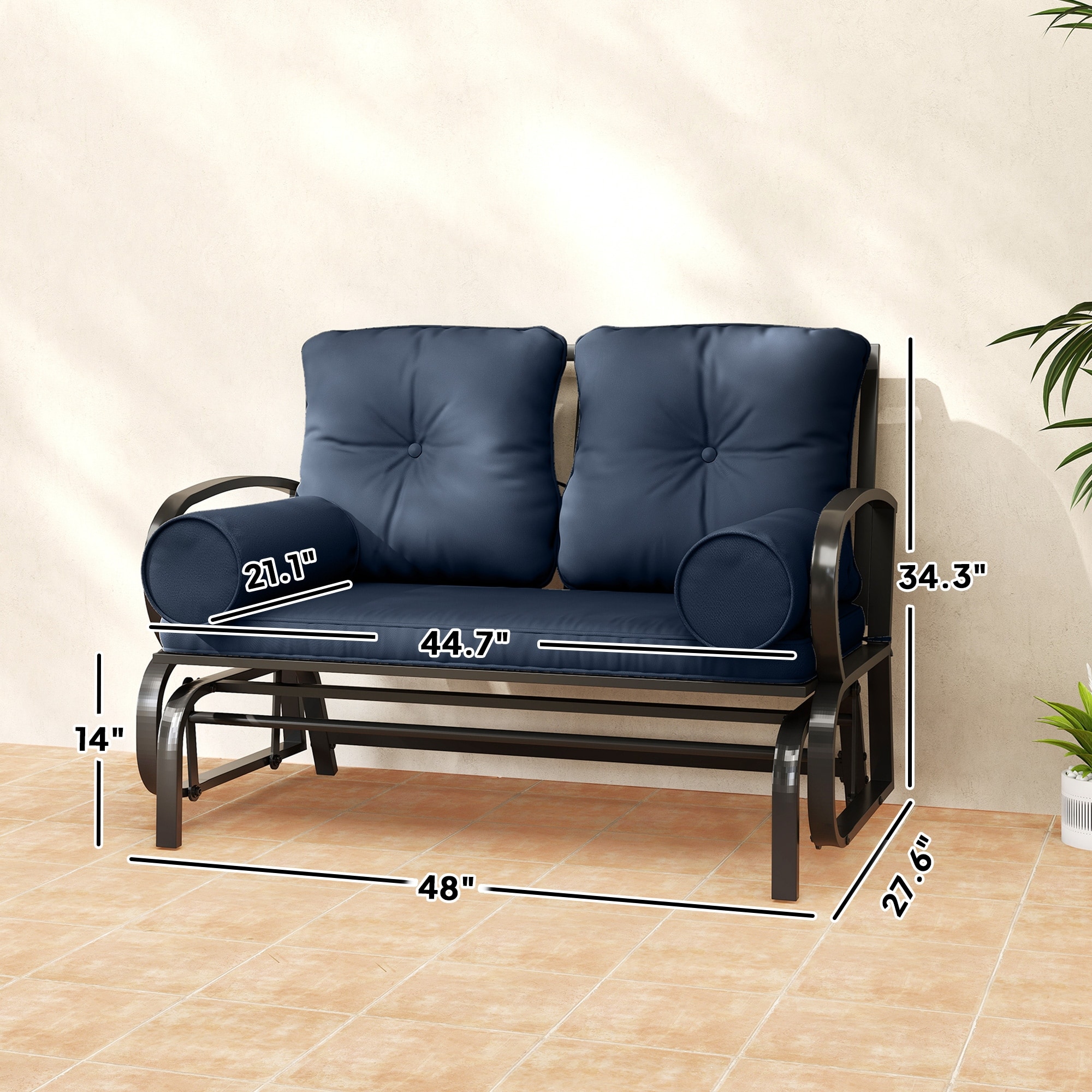 Double Patio Swing Glider Bench With Cushions Pillow Armrests And Steel Frame For Two Person