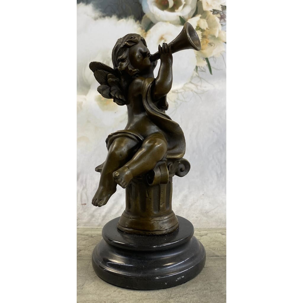 Cherub Boy Playing Trumpet Bugle Bronze Statue Sculpture Figure Moreau 8 Inches X 5 Inches