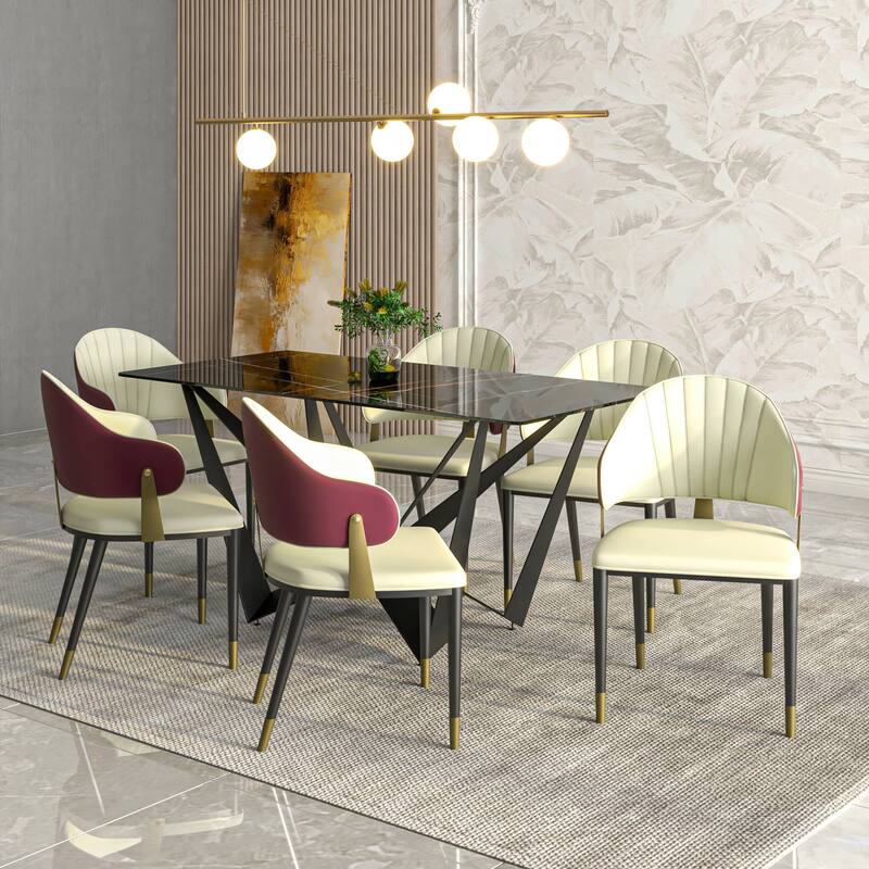 Leather Dining Chair in Iron Set of 2 with Gold Accents Design Modern Ergonomic Side Arm Chair