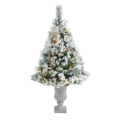 Flocked Pine Artificial Christmas Tree with 100 Clear Lights and 215 Branches - Compact Snow-Kissed X-Mas Décor Tree