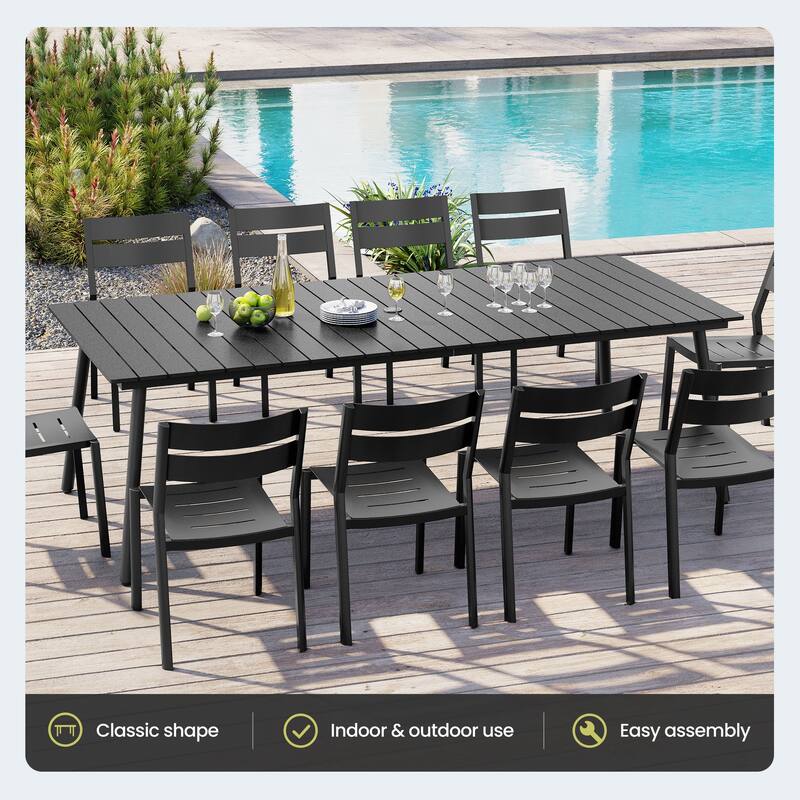 11 PCS Outdoor Rectangle Aluminum Dining Table with Umbrella Hole and 10 Stackable Chairs
