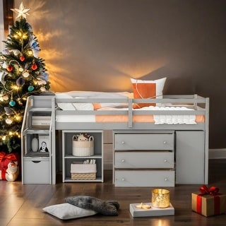 Full Size Loft Bed with Retractable Writing Desk and 3 Drawers, Grey