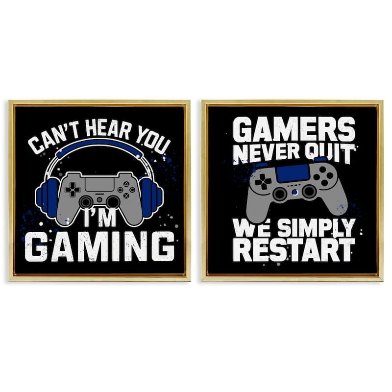 Stupell Hardcore Gamer Expressions Framed Floater Canvas Wall Art Design By Kim Allen (Set of 2) - 18 x 18 - Gold