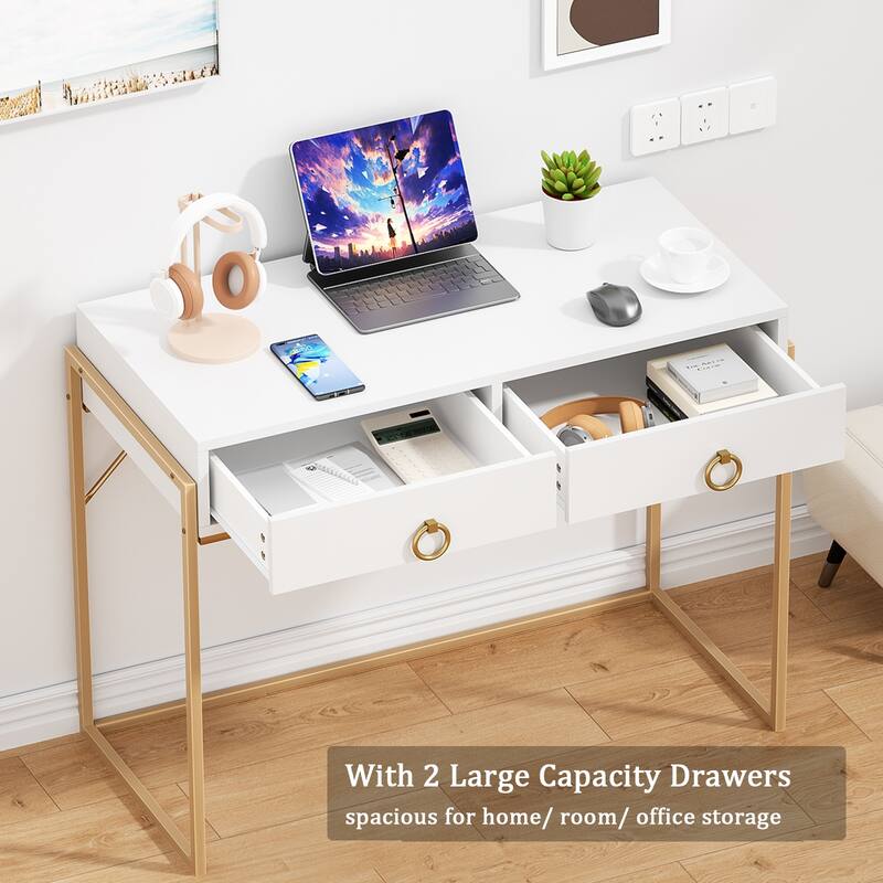 Anmytek Modern Computer Desk White Gold Vanity Desk Study Writing Table with 2 Drawers for Home Office