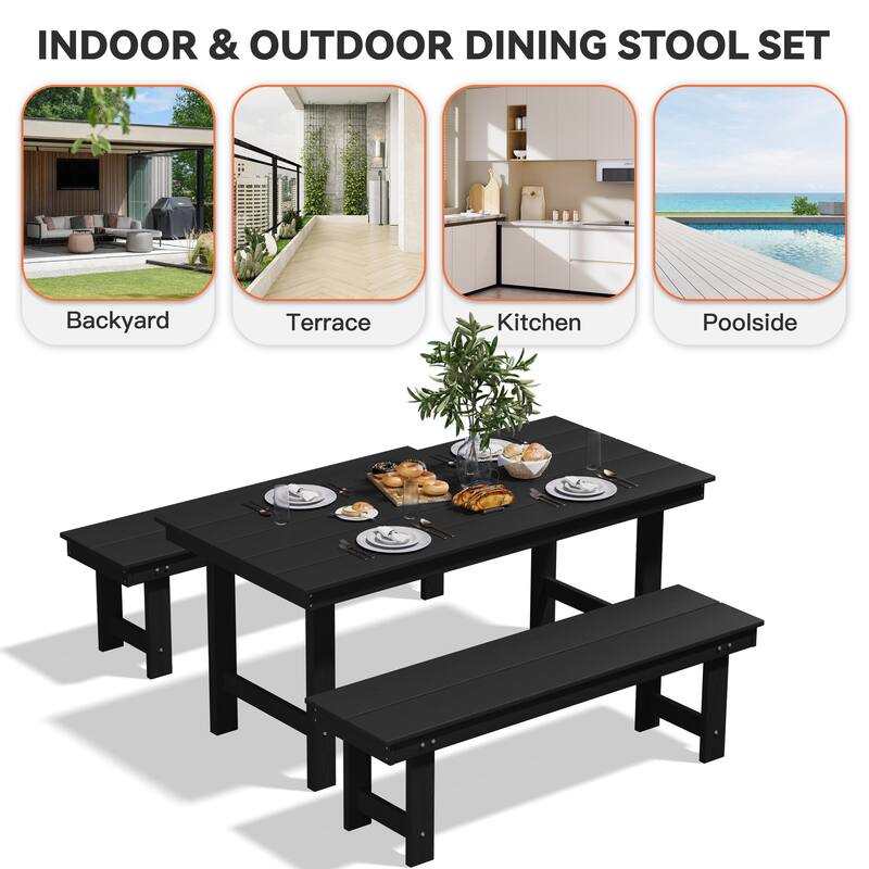 3-Piece HDPE Outdoor Dining Set with Umbrella Hole Table and Two 2-Person Benches