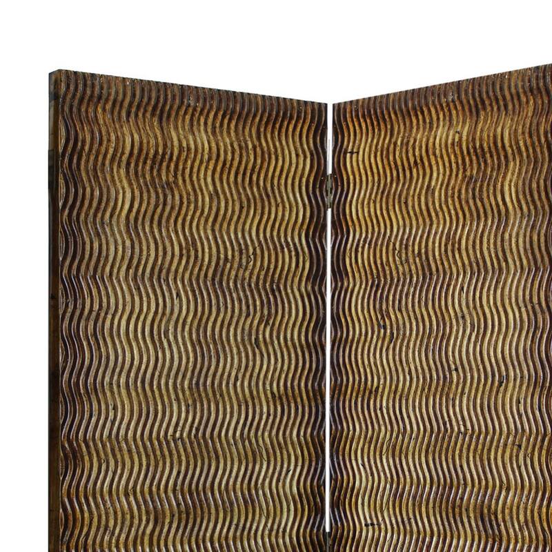 Dual Tone 3 Panel Wooden Foldable Room Divider with Wavy Design, Brown