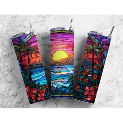 Palms and Hibiscus at Beach 20 Oz Skinny Metal Tumbler w/Lid and Straw - Multi