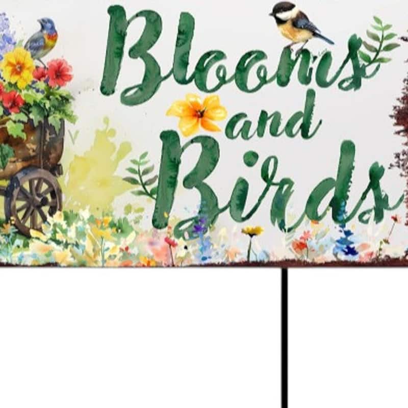 HomeRoots 32" Green Pink And White Solid Wood Floral Bouquet Birds Garden Stake