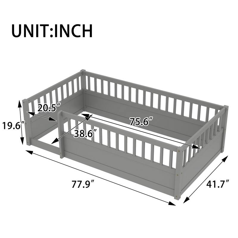 Roomfitters Wooden Twin Floor Bed Frame with Fence, Montessori Low Platform Design for Bedroom or Playroom