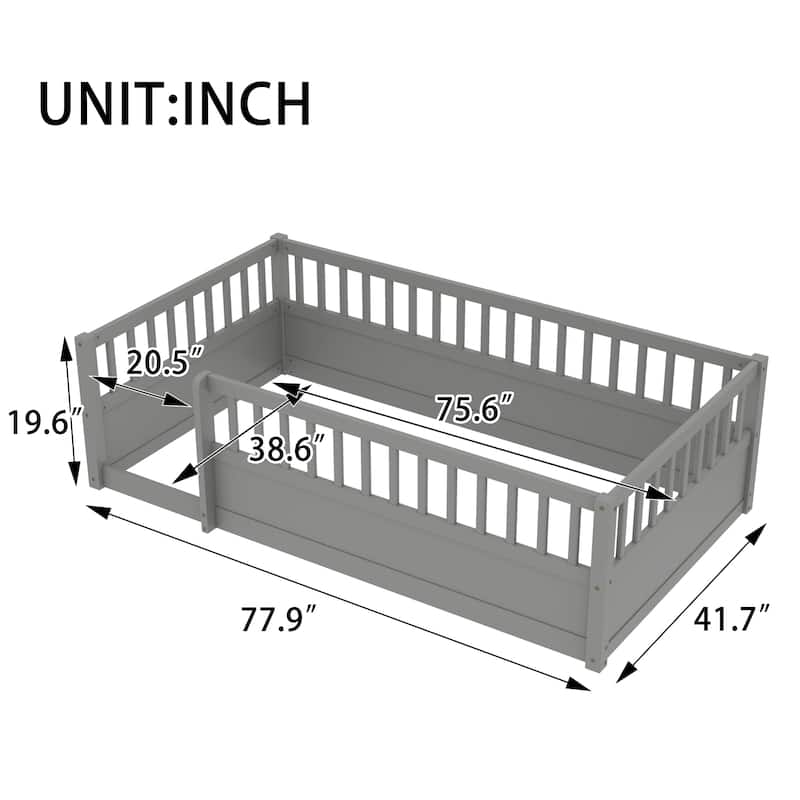 Twin/Full Montessori Floor Bed with High Fence & Open Door, Solid Pine, Playroom/Bedroom, No Box Spring