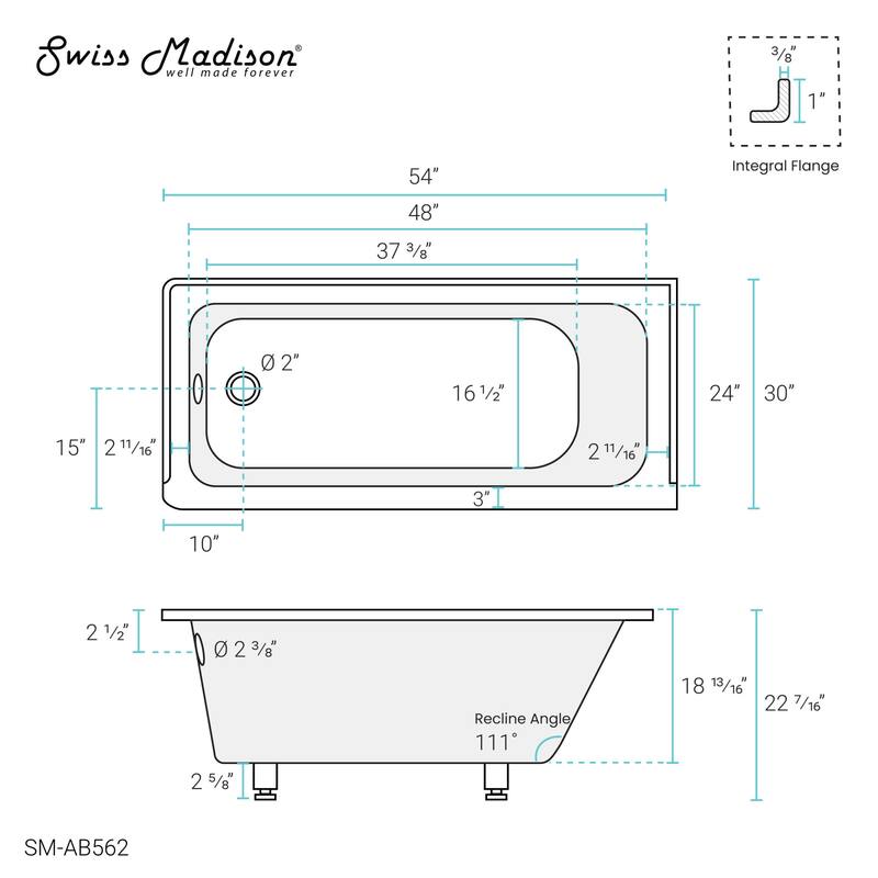 Swiss Madison SM-AB562 Voltaire 54" Three Wall Alcove Acrylic Soaking