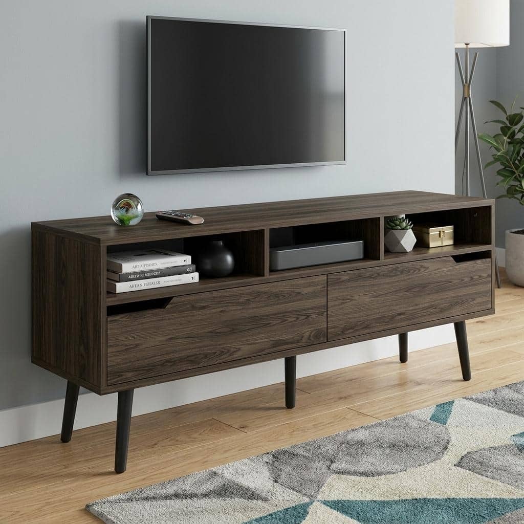 HomeRoots 54" Dark Brown Walnut Enclosed and Open Storage TV Stand - 53.90 in. x 22.80 in. x 15.30 in.