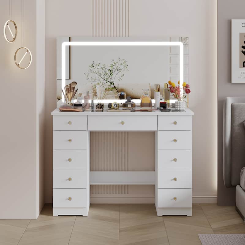 White Vanity Desk with Large LED Lighted Mirror & Glass Tabletop, Makeup Table with 11 Drawers