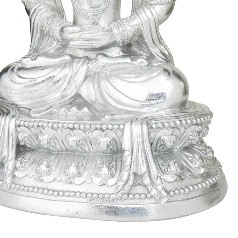 Silver Resin Bohemian Buddha Sculpture with Engraved Carvings and Relief Detailing