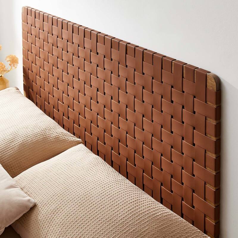 Ditmas Solid Wooden Brown Leather Basket Weaved Floating Queen Size Headboard