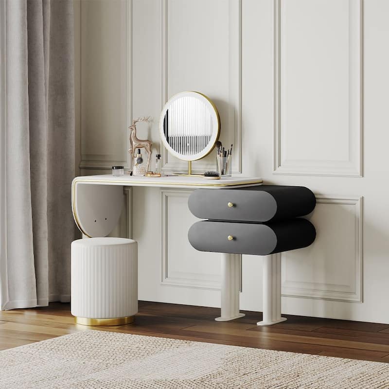 Modern Light Luxury Makeup Vanity Table Set，Wood Drawer, Stool, Plywood,White & Black - White - 2-drawer