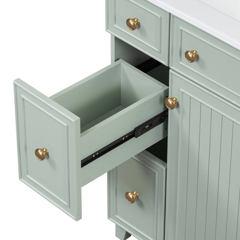 24 Inch Bathroom Vanity Cabinet with Ceramic Sink, 2 Drawers & Door, Bathroom Storage Cabinet Free-standing Single Sink Cabinet