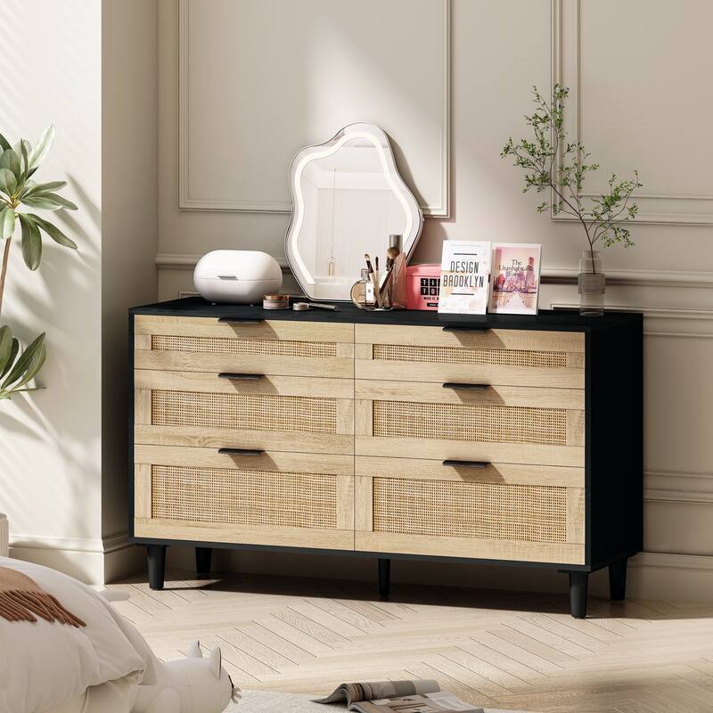 Mid-Century Modern Rattan Dresser, 6-Drawer Wicker Bedroom Dresser, Storage Cabinet with Metal Handles & Wood Legs