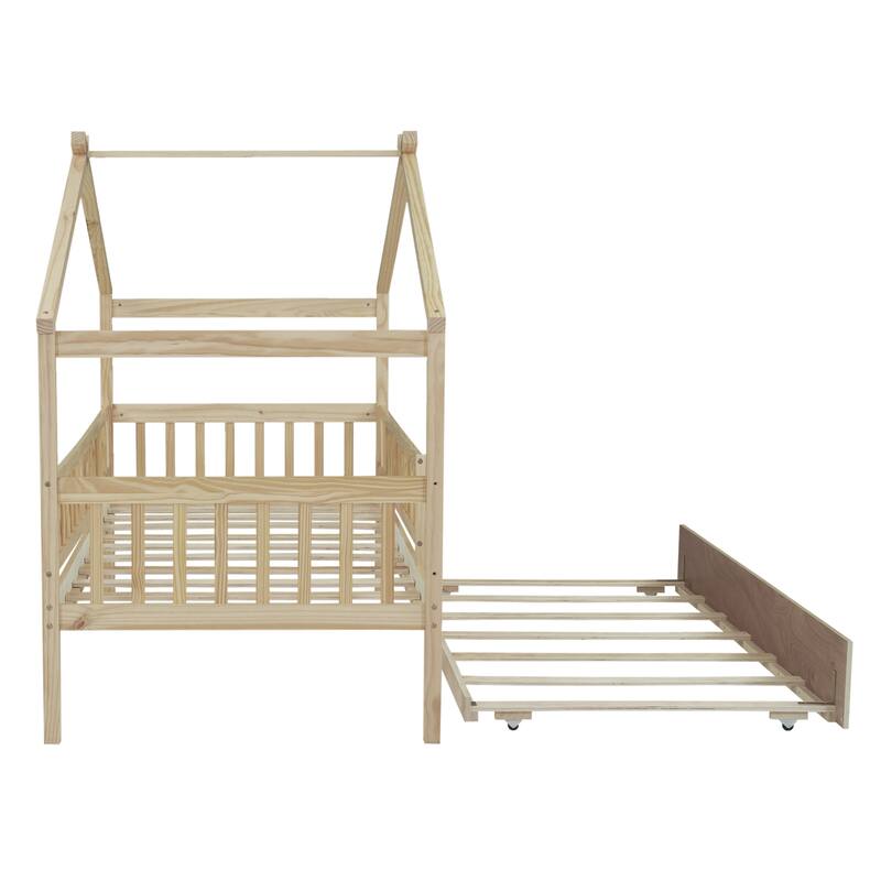 Twin Pine House Bed with Trundle, Guardrail & Roof