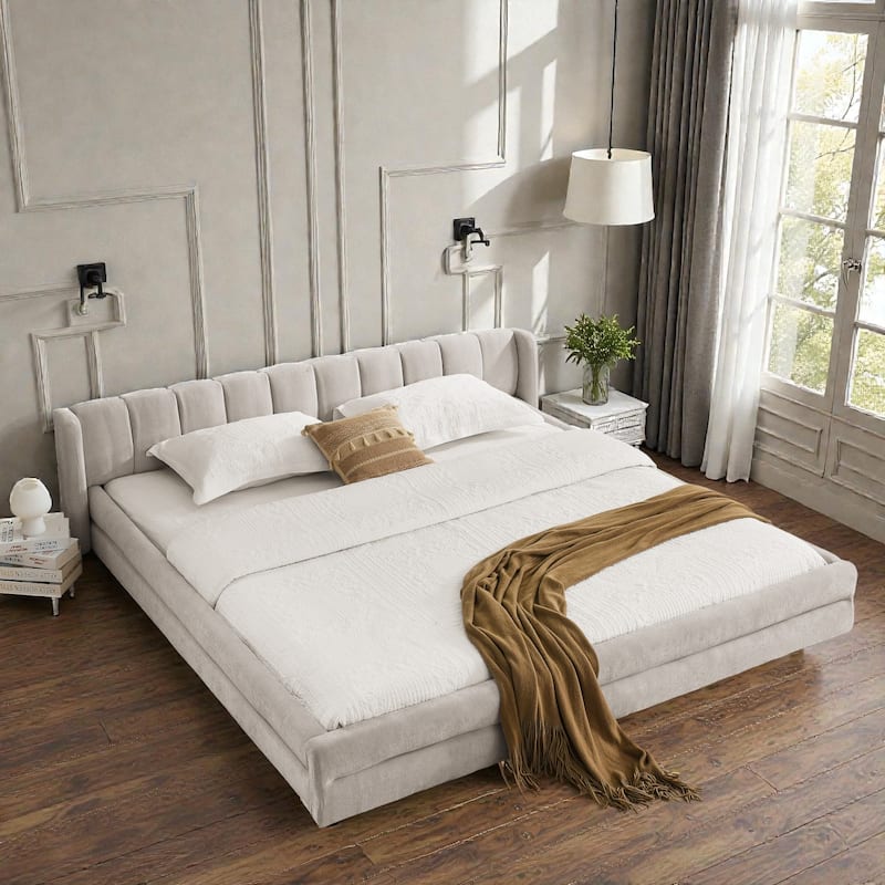 King Size Upholstered Platform Bed Frame with Chenille Fabric, Soft Headboard & Solid Grounded Design for Modern Bedrooms