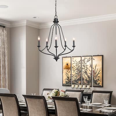 Farmhouse 5-light Black Metal Chandelier French Country Candle Arms Dining Room Lighting - D24"x H88.5"