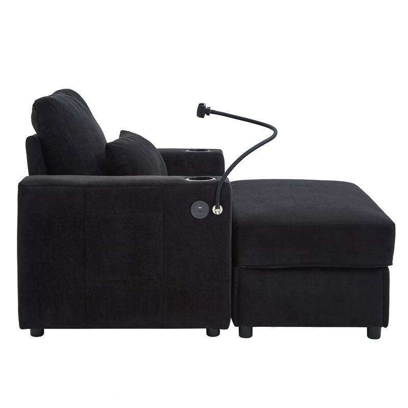 Modern Style Armchair 42.5" Chaise Lounge Sofa Couch with a Movable Storage Ottoman, Two USB Ports, Two Cup Holders