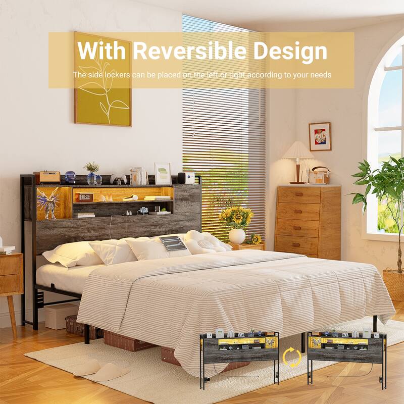 Storage Headboards with Power Outlet and LED Light, Head board with Storage Shelves for Bed Frame
