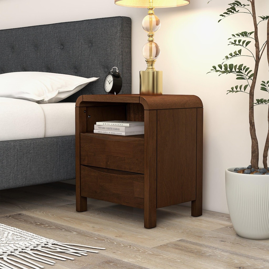 GDFStudio - Lionel Modern Mid-Century Solid Wood Nightstand with Open Shelf & 2 Drawer