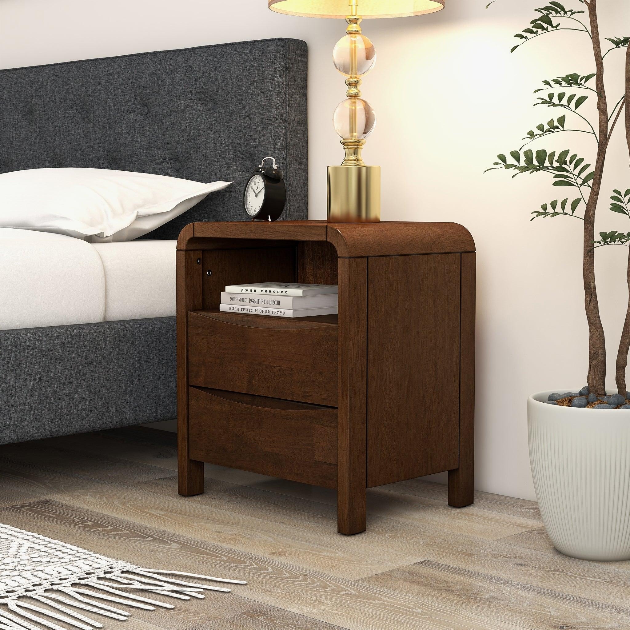 GDFStudio - Lionel Mid-Century Solid Wood Nightstand with Open Shelf & 2 Drawer