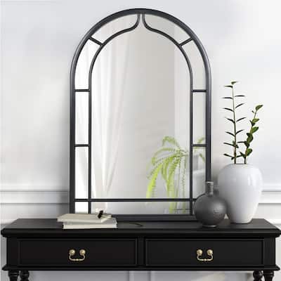 Large Arched Window Pane Wood Wall Mirror Black Frame Accent Bathroom Wall Vanity Mirror - 31.5"L x 47.2"W x 0.8"D