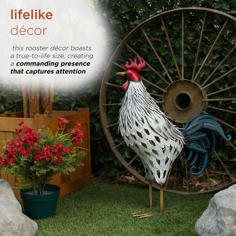 Metal White Feathered Rooster Decor