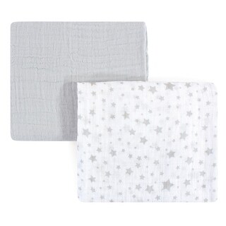 Hudson Baby Infant Cotton Muslin Swaddle Blankets, Gray Stars, One Size - Gray Stars - 2-Pack