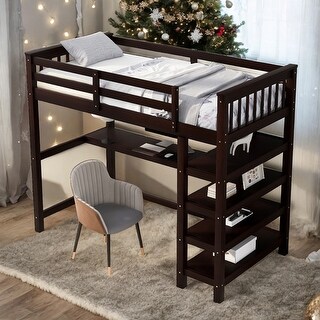Twin Size Loft Bed with Storage Shelves and Under-bed Desk, Black