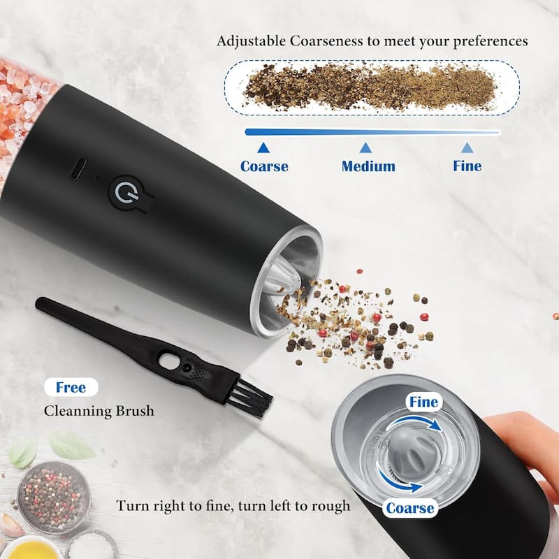 Electric Salt and Pepper Grinder Set 2-Pack USB Rechargeable One-Hand Operation Adjustable Coarseness - 2:48" x 7.94"