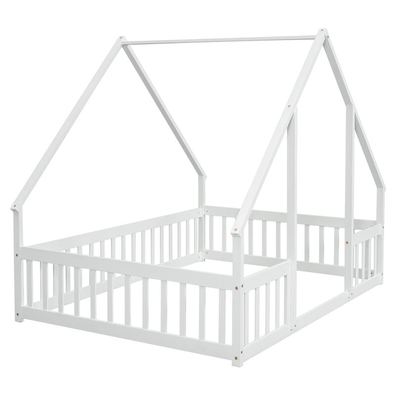 Full Size House-Shaped Floor Bed with Safety Guardrails, Pine Wood Structure, Fun & Safe Bed for Kids & Toddlers