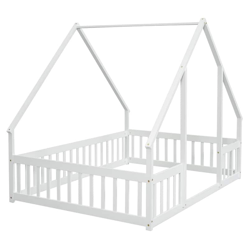 Full Size Pine Wood House-Shaped Floor Bed with Fence, Guardrails and Roof for Bedroom