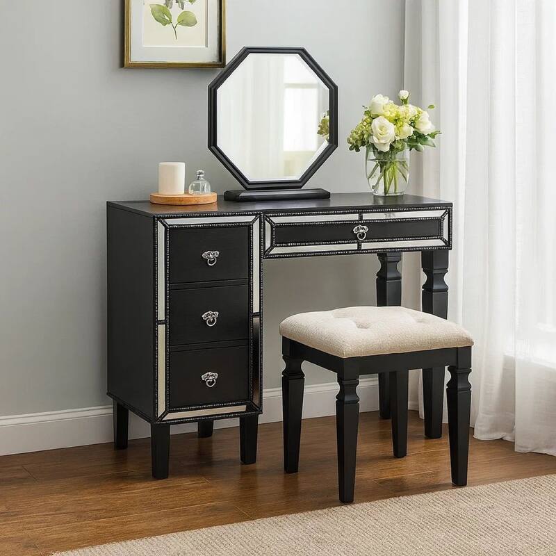 Sosi 47 Inch Vanity Desk Set, Padded Stool, 3 Mirror Inlaid Drawers, Black