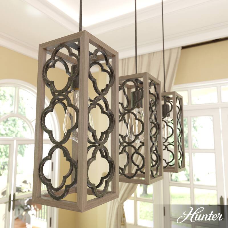Hunter Gablecrest 3-Light Linear Cluster Ceiling Light - Kitchen Island, Dining Room - Farmhouse, French Country, Distressed - French Oak-Rustic Iron