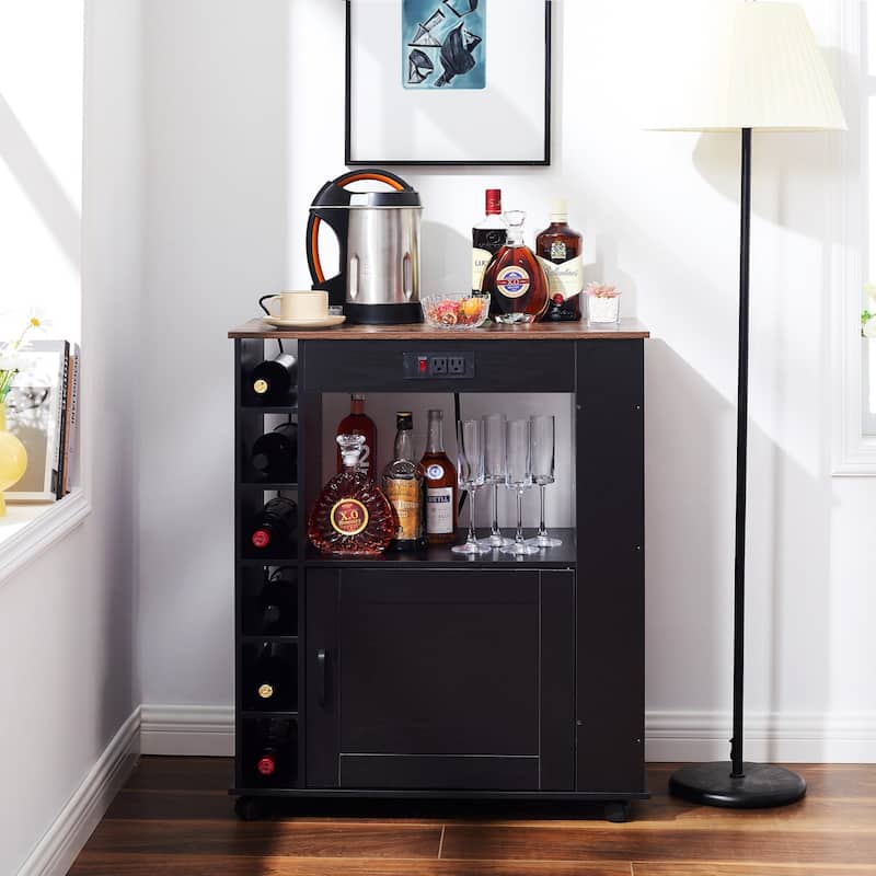 VECELO Kitchen Cart with Wheels and Charging Station,35.4'Kitchen Island Cart Wine Rack Bar Table, Bar Cabinet