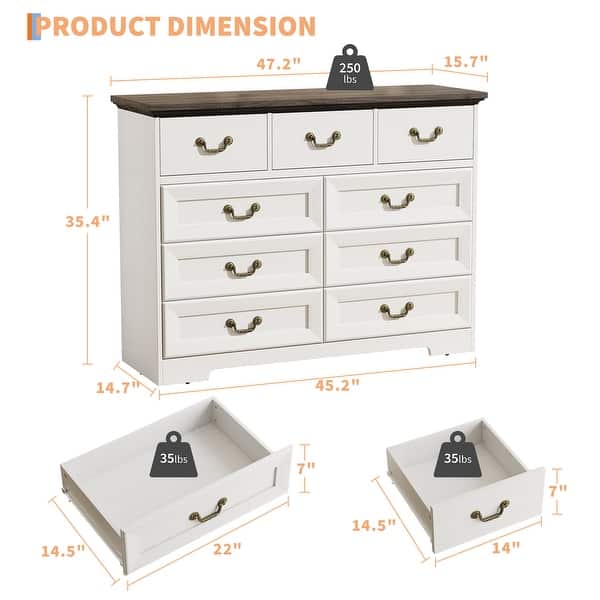 9-Drawer Dresser for Bedroom, 47" Wide Dressers Wood Vintage Chest of  Drawers with Natural Texture and Vintage Gold - On Sale - Bed Bath & Beyond  - 43184875