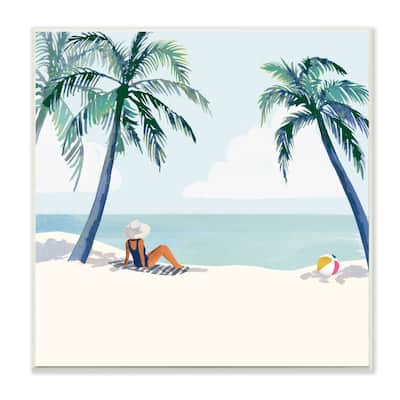 Stupell Woman Lounging under Palm Tree Coastal Landscape Wood Wall Art - Blue