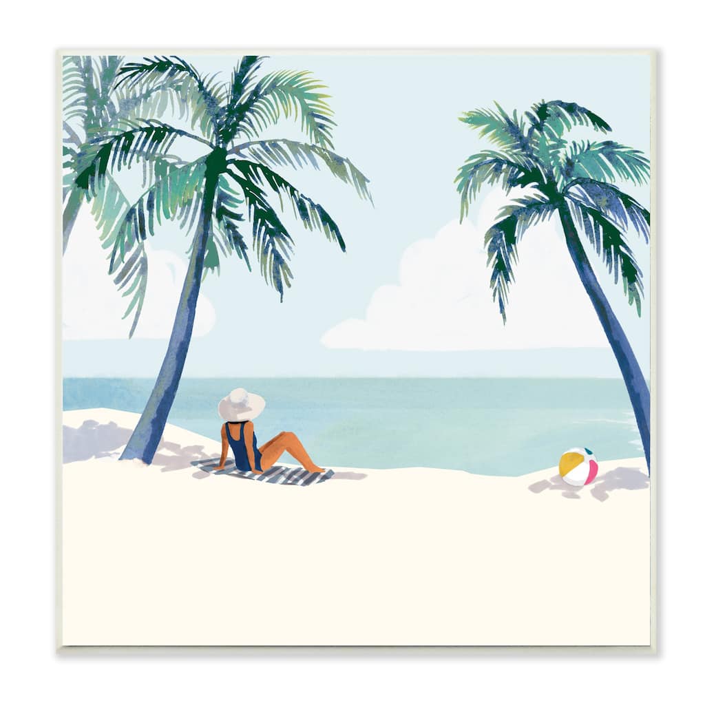 Stupell Woman Lounging under Palm Tree Coastal Landscape Wood Wall Art - Blue