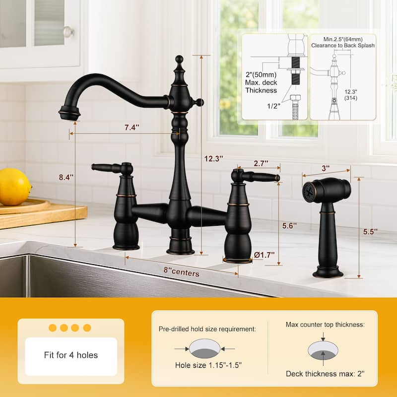WOWOW 4 Hole Double Handle Bridge Kitchen Faucet with Side Sprayer
