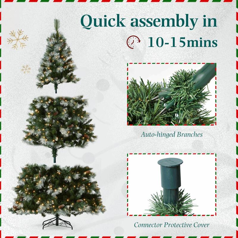 EROMMY 7.5ft Pre-lit Christmas Tree with 500 Lights, Snow-Flocked Artificial Tree with Pine Cones and Ornaments