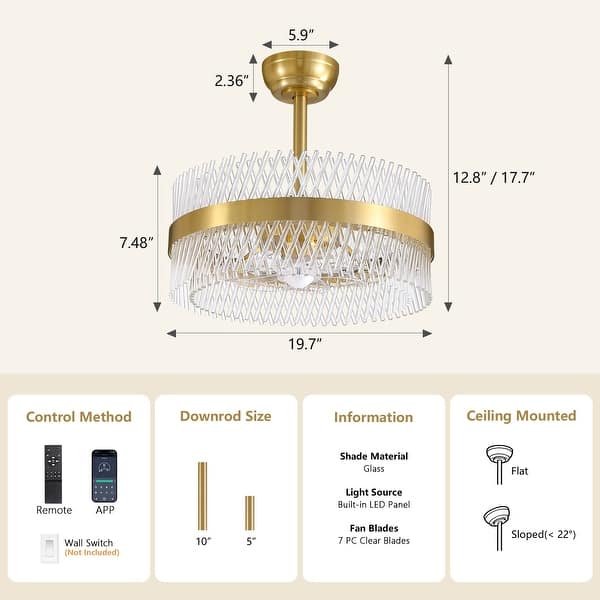 20in Smart Gold Double-Layer Crossed Glass Rod Dimmable LED Ceiling Fan Light - 20''