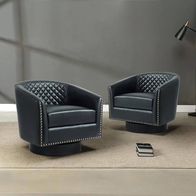 2 Set Tufted PU Vegan Leather Swivel Barrel Chair with Nailheads Trim